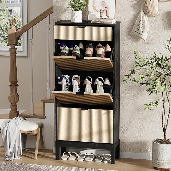 GAOMON Shoe Cabinet with 3 Flip Drawers, Entryway Cabinet with Adjustable Shelves, Accommodate 12 to 18 Pair of Shoes, Space-Saving Slim Shoe Cabinet for Entryway, Hallway, Front Door, Black Oak