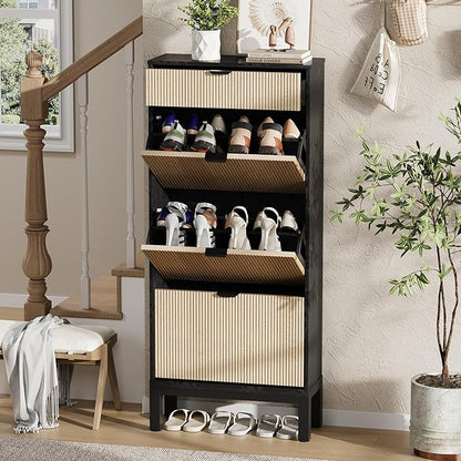 GAOMON Shoe Cabinet with 3 Flip Drawers, Entryway Cabinet with Adjustable Shelves, Accommodate 12 to 18 Pair of Shoes, Space-Saving Slim Shoe Cabinet for Entryway, Hallway, Front Door, Black Oak