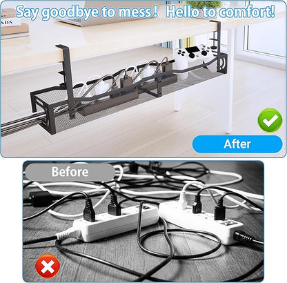 No Drill Under Desk Cable Management Tray, SONATURE 25.3" Cord Organizer for Table, Clamp Mount Desk Cable Management, Premium Carbon Steel Cable Organizer for Office, Home (Black)