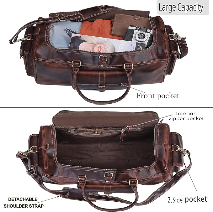 Leather Farm Travel Duffel Bags for Men & Women - Premium 24" Mens Weekender Overnight Gym Bag, Carry-On Luggage with Spacious Compartments, Stylish Leather Duffel Bag for Airplane, Sports & Trips