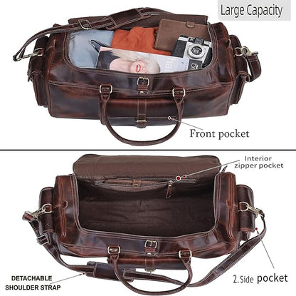 Leather Farm Travel Duffel Bags for Men & Women - Premium 24" Mens Weekender Overnight Gym Bag, Carry-On Luggage with Spacious Compartments, Stylish Leather Duffel Bag for Airplane, Sports & Trips
