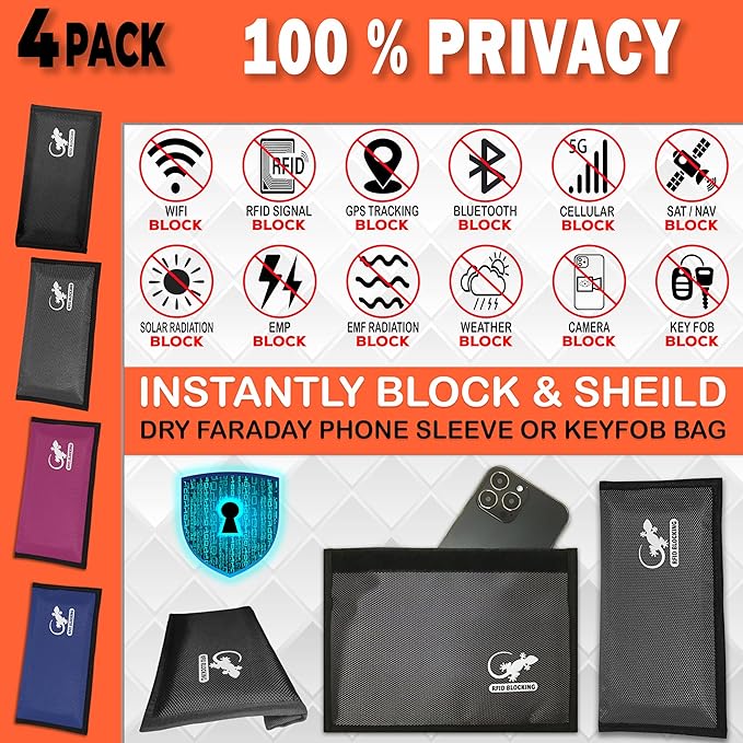4 Faraday Bag Anti-Tracking GPS RFID Car Key Signal Blocker Wallet Shielding Pouch Protective Case for Cell Phone Car Key FOB, Data Privacy, Electronic Device Security (4 PACK - FAMILY PACK)
