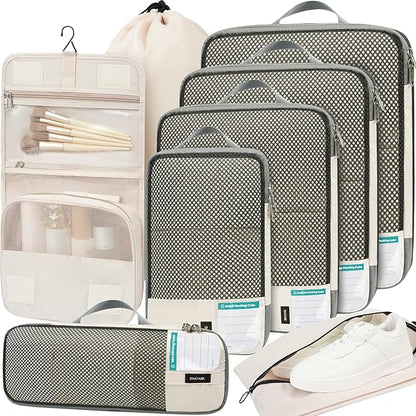 BAGAIL 4 Set/6 Set/8 Set Compression Packing Cubes Travel Accessories Expandable Packing Organizers (Half Mesh, 8-Beige)