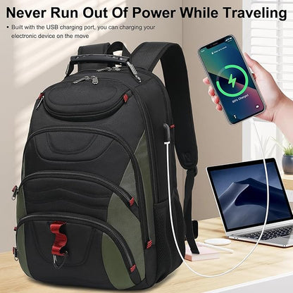 Boavan Laptop Backpack for men, 17.3 inch Laptop Bag with USB Port, Waterproof Travel Work Backpack Purse, Anti-Theft Teacher Nurse Doctor Casual Bookbags Office Business backpack，Black&Army Green