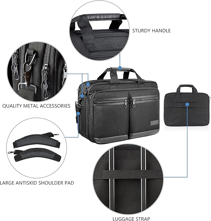 KROSER Laptop Bag Stylish Laptop Briefcase Fits Up to 17.3 Inch Expandable Water-Repellent Shoulder Messenger Bag Computer Bag with RFID Pockets for Business/Travel/School/College/Men/Women-Black