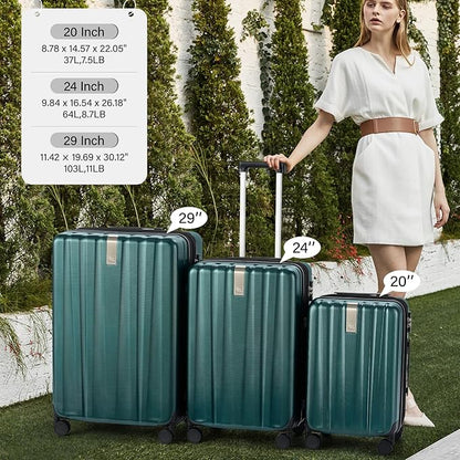 Hanke Hardshell Luggage Sets 3 Piece Extra Large Suitcases with Lock,28 Inch Luggage with Spinner Wheels, PC Travel Suitcase for Women Men 20 24 29Inch,Blackish Green