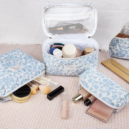 3pc Makeup Bag Set, Quilted Makeup Bag Set, Large Floral Cosmetic Bag for Women, Cute Cotton Makeup Bags, Flower Travel Toiletry Organizer Bag (Blue Plaid Bow)