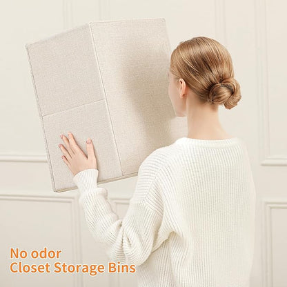 Linen Folding Storage Bins, 3 Pack Large Storage Baskets, Washable, Clothing Storage Bins with Handle, Closet Organizer for Storage Sweater,Sheets(Beige, 18½"x13½"x8½")