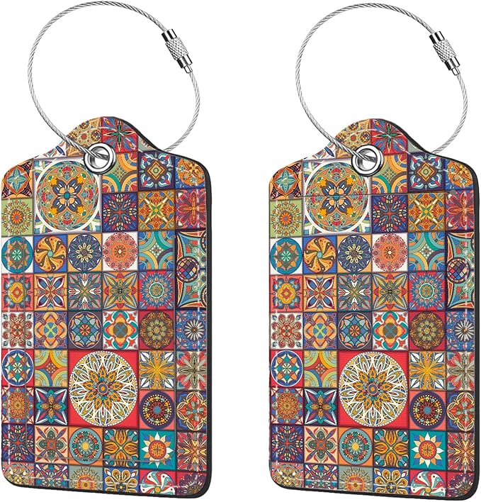 2 Pcs Luggage Tags for Suitcase, Cute Unique PU Leather Travel Bag Tag with Privacy Cover ID Label Address Card and Durable Metal Ring Suitable for Men Women Children Backpack,Bohemia