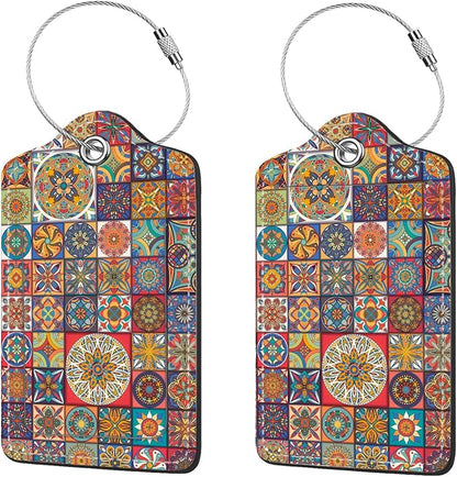 2 Pcs Luggage Tags for Suitcase, Cute Unique PU Leather Travel Bag Tag with Privacy Cover ID Label Address Card and Durable Metal Ring Suitable for Men Women Children Backpack,Bohemia
