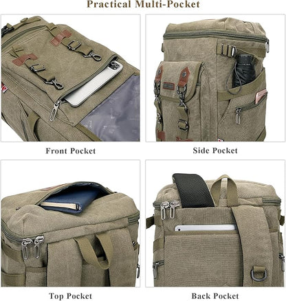 WITZMAN Travel Backpack for Men Women Canvas Backpack Carry on Luggage Rucksack Convertible Duffel Bag Large (A568 Army Green)