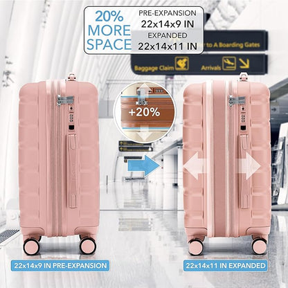 Flight Knight 22x14x9 Expandable Carry On Suitcase Hardside TSA Lock USB C Port Lightweight Luggage Silent Double Spinner Wheels Maximum Overhead Carry-On Bag For American & United Approved Airlines