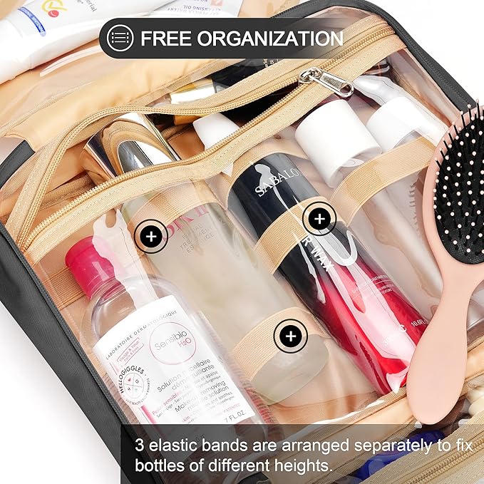 Travel Hanging Toiletry Bag for Women, Holds Full-Size Shampoo, with Jewelry Organizer Compartment, Extra Large Makeup Bag, Waterproof Cosmetic Bag, Toiletries Kit Set with Trolley Belt, Black