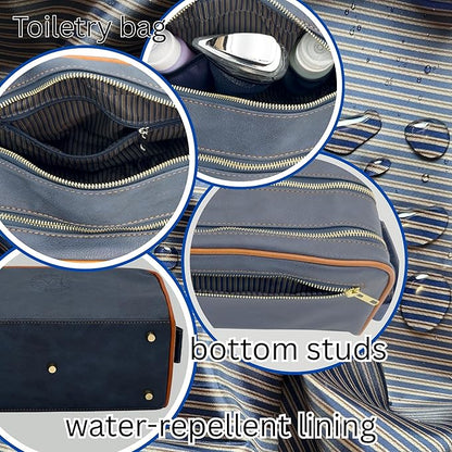 Dopp Gift Large Travel Toiletry Bag Premium Quality PU Leather Two compartments YKK Zippers Water-resistant Bottom Studs Mesh Pockets Durable Cosmetic Organizer NAVY BLUE/ORANGE