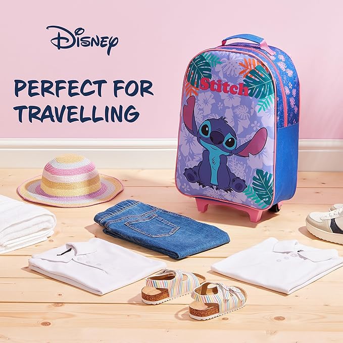 Disney Kids Rolling Luggage 16×11 in, 16‑L Carry‑On Suitcase with Wheels, Foldable Lightweight Travel Bag, Gifts for Kids (Blue Stitch)