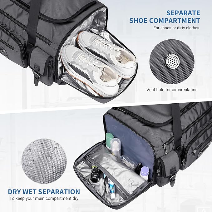 WITZMAN Duffle Bag for Men Large Carry On Weekender Bag 54L Nylon Duffle Gym Bags for Travel with Shoes Compartment(B717 Silvery Grey)