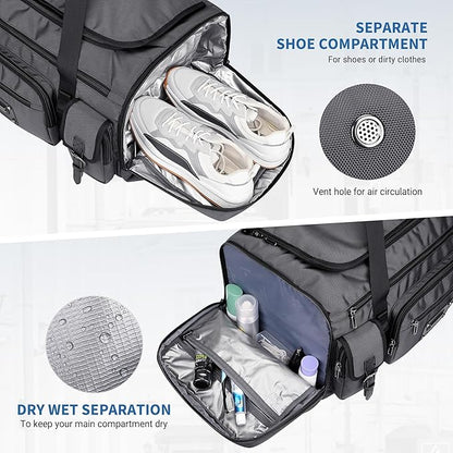 WITZMAN Duffle Bag for Men Large Carry On Weekender Bag 54L Nylon Duffle Gym Bags for Travel with Shoes Compartment(B717 Silvery Grey)