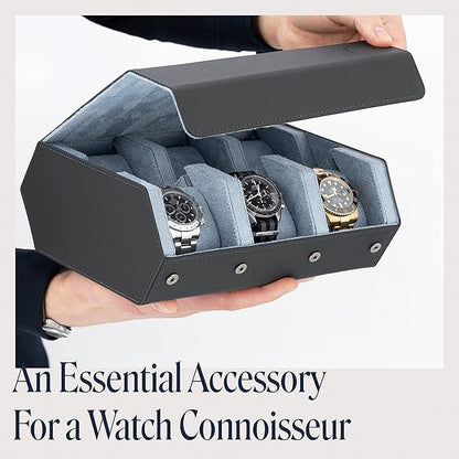 QWATCHBANDS Napa Leather Watch Case for Men - Watch Roll Storage Organizer & Watch Display - Six Slot Luxury Watch Box for Home or Travel - Mens 6 Watch Holder Case (Gray Blue)