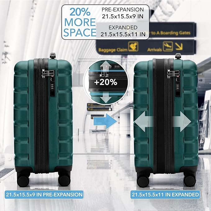 Flight Knight 21.5x15.5x9" Expandable Carry On Suitcase Hardside TSA Lock & USB C Port Lightweight Luggage Silent Double Spinner Wheels Maximum Canada Air Overhead Carry-On Bag Many Airlines Approved