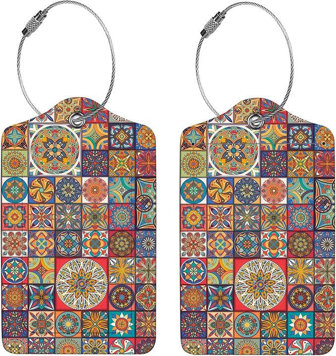 2 Pcs Luggage Tags for Suitcase, Cute Unique PU Leather Travel Bag Tag with Privacy Cover ID Label Address Card and Durable Metal Ring Suitable for Men Women Children Backpack,Bohemia