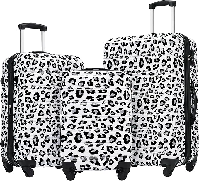 Merax Leopard Print Luggage Sets, 3 Piece Expandable Suitcase Set with Spinner Wheels,Large Checked Travel Suitcases and Carry On Travel Luggage, 100% PC, TSA Lock,White+Black(20in/24in/28in)