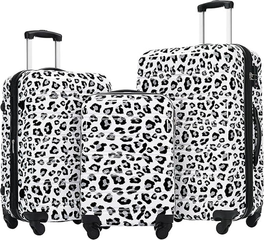 Merax Leopard Print Luggage Sets, 3 Piece Expandable Suitcase Set with Spinner Wheels,Large Checked Travel Suitcases and Carry On Travel Luggage, 100% PC, TSA Lock,White+Black(20in/24in/28in)