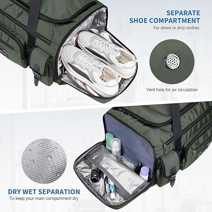 WITZMAN Duffle Bag for Men Large Carry On Weekender Bag 54L Nylon Duffle Gym Bags for Travel with Shoes Compartment(B717 Army Green)
