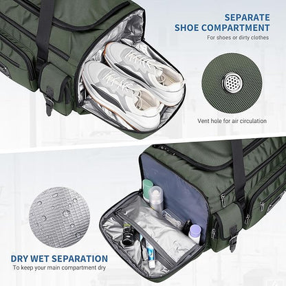 WITZMAN Duffle Bag for Men Large Carry On Weekender Bag 54L Nylon Duffle Gym Bags for Travel with Shoes Compartment(B717 Army Green)