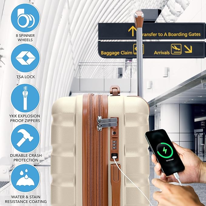 Flight Knight 24x16x10 Expandable Carry On Suitcase Hardside TSA Lock USB C Lightweight Luggage Silent Double Spinner Wheels Maximum Overhead Carry-On Bag For Virgin & South West Approved Airlines