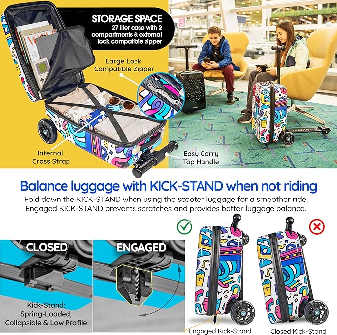 Teen Totes Detachable 4-in-1 Scooter Luggage for Kids – Ride-On Suitcase with Removable Luggage Body, Adjustable Handlebar, Durable Deck & Brake, Carry-On Size – Travel & Play