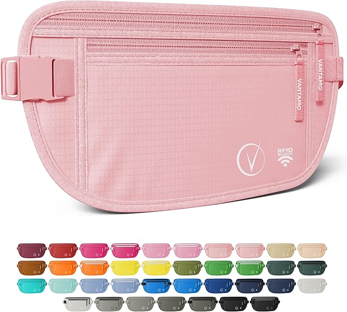 Vantamo Money Belt with RFID For Men & Women, Hidden Passport Holder for Travel, 2 Compartment Travel Fanny Pack for Women Anti Theft