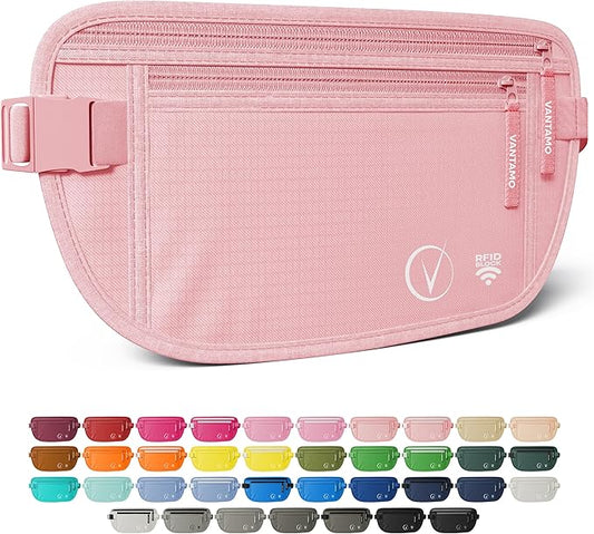 Vantamo Money Belt with RFID For Men & Women, Hidden Passport Holder for Travel, 2 Compartment Travel Fanny Pack for Women Anti Theft