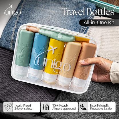 unigo Travel Bottles For Toiletries, 5-pack 3.oz TSA Aprroved Travel Size Bottles, Containers For Toiletries, BPA Free, Leak Prrof, Refillable Containers Bottles (MultiColor A)