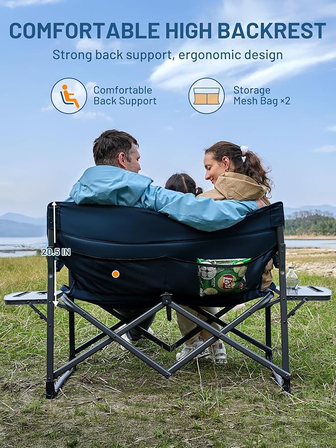 TIMBER RIDGE Double Camping Chair Portable Loveseat, Heavy Duty Folding Camp Couch, 2 person Director Chairs with Cup Holder for Outdoor Lawn Tailgates Picnic Sports Soccer Games Supports 600 lbs Blue