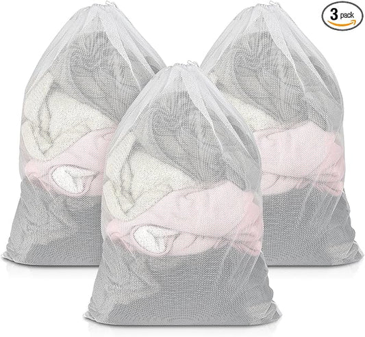 3 Pack Mesh Laundry Bags, 23 x 34 Inches Heavy Duty Mesh Laundry Bag, Large Laundry Drawstring Bag for College, Dorm, Travel, Family and Apartment Dwellers, White