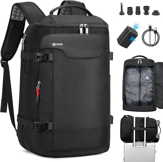 Vacuum Backpack Travel, 60L Expandable Vacuum Seal Compression Backpack with Pump, 17’’ Laptop Compartment, Water-Resistant Business Carry-On Backpack for Work, Hiking, Weekend Trips & Gifts for Men