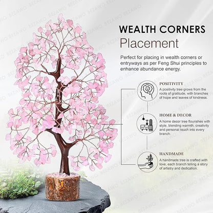 Crocon Rose Quartz Crystal Tree of Life Pink Room Decor & Healing Crystals Cute Desk Accessories Spiritual Birtdhay Gifts for Women House Warming Gifts New Home Decor for Mom Sister & Girlfriend