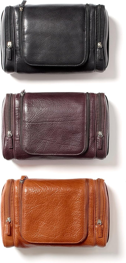 Leatherology Premium Espresso Hanging Toiletry Kit - Double zip closure, 2 exterior side zipper pockets, water-resistant lining
