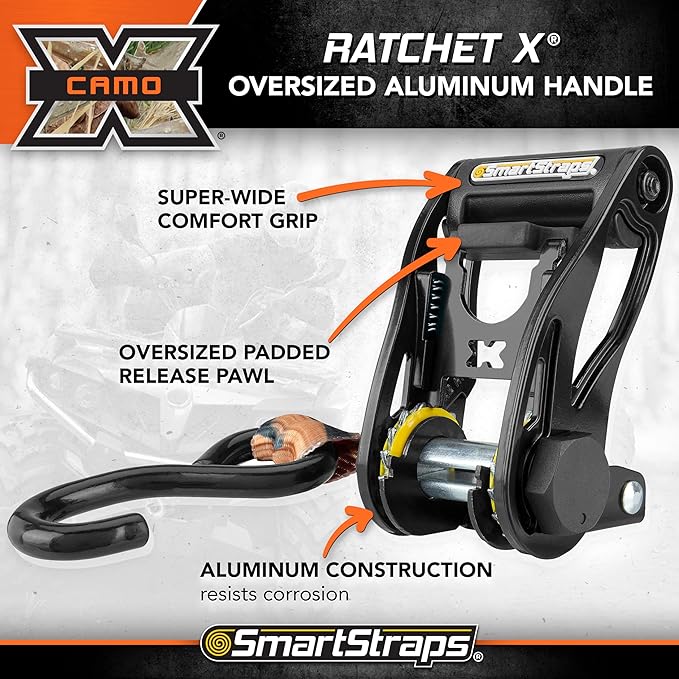 SmartStraps 14’ CamoX Ratchet Straps, 4 Pack – 3,000lbs Break Strength, 1,000lbs Safe Work Load – Premium Duty Tie Downs for Heavier Loads, Orange Camo Webbing