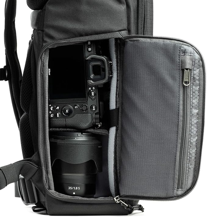Think Tank FocusPoint 30L RollTop Camera Backpack - Asphalt Black: Expandable Travel & Camera Backpack with Laptop Sleeve, Quick Side and Back Access, Rain Cover – Versatile Photography & Travel Bag