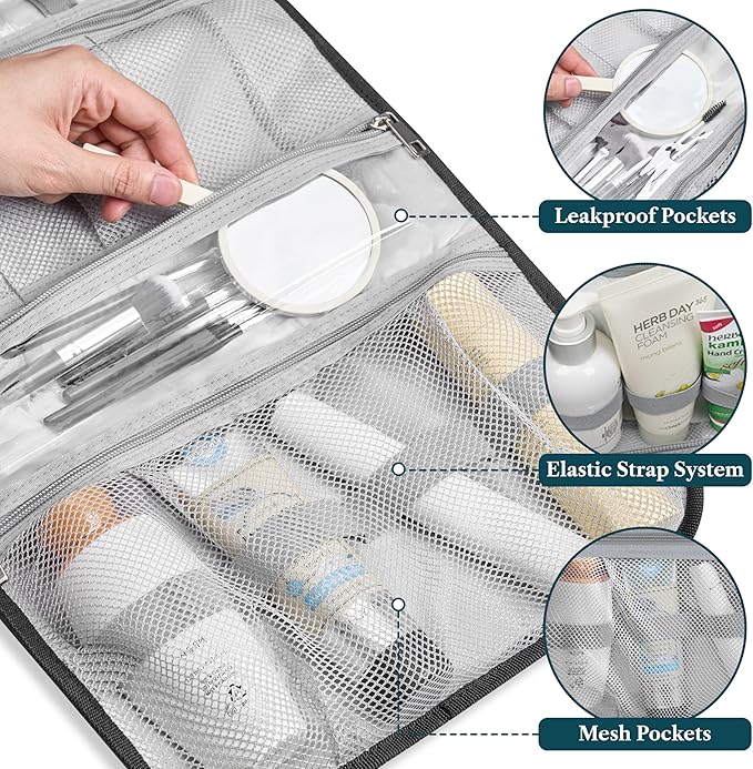 PAVILIA Hanging Toiletry Bag Women Men, Travel Kit Foldable Large Toiletries Organizer, Roll up Cosmetics Makeup Bag Accessories, Waterproof Essentials Jewelry Case (Black Chevron)
