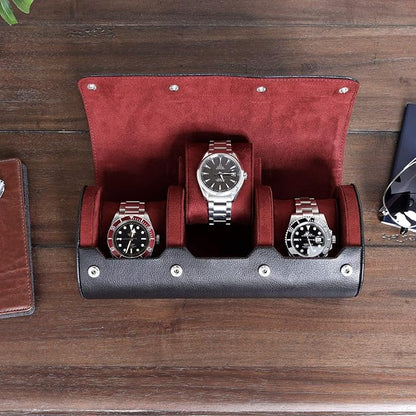ROTHWELL Watch Roll Travel Case for 3 Watches | Tough Portable Protection, Fits All Wrist Watch & Smart Watches Up to 50mm (Black/Red)