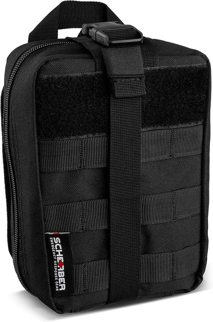 Scherber Premium IFAK Kit Trauma Pack | HSA/FSA Approved | Fully Stocked MOLLE Pouch w/CAT Tourniquet, HyFin Chest Seal, & Israeli Bandage | Trauma Kit for Gunshot, Bleeding, Major Wound Care (Black)