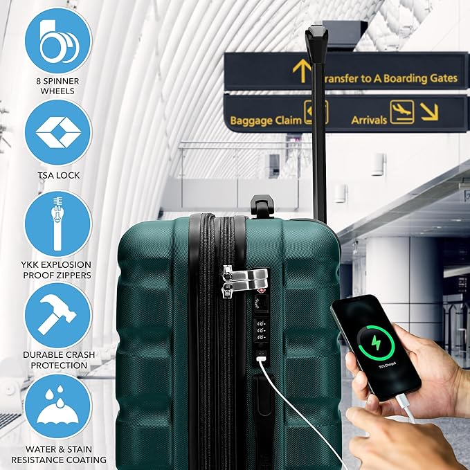 Flight Knight 24x16x10 Expandable Carry On Suitcase Hardside TSA Lock USB C Lightweight Luggage Silent Double Spinner Wheels Maximum Overhead Carry-On Bag For Virgin & South West Approved Airlines
