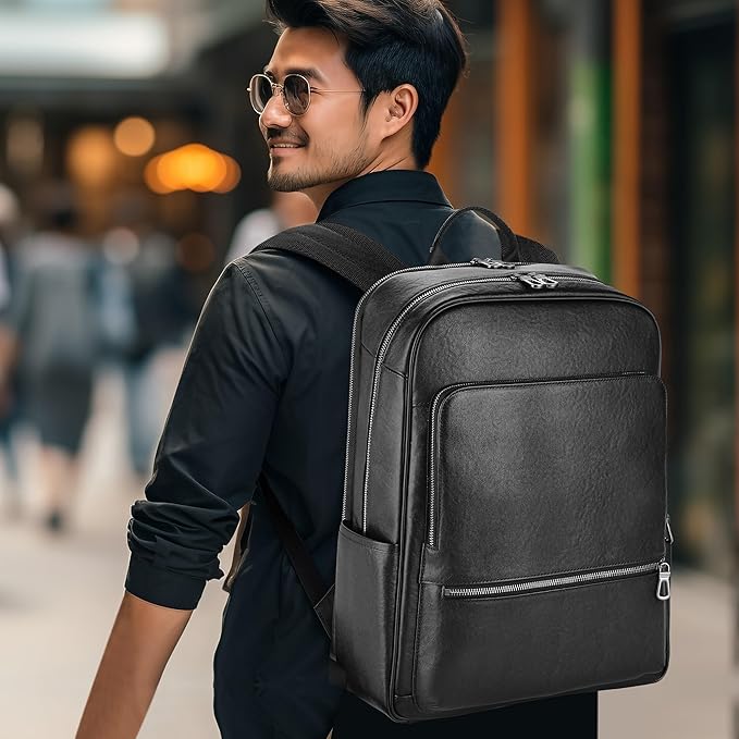 Men's Large Black Leather Backpack, 17.3 Inch Genuine Leather Laptop Backpack for Men, Minimalist & Luxury Executive Computer Backpack for Work Travel