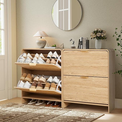 RARZOE Set of 2 Fluted Shoe Storage Cabinets for Entryway, Narrow Curved Shoe Cabinet with 2 Flip Drawers, Wood Hidden Shoe Organizer Closed Shoe Rack Cabinet for Foyer,Hallway (29.5''Natural)