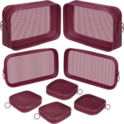 8 Pcs Mesh Makeup Bag Nylon Zipper Pouch Clear Small Mesh Bags Travel Toiletry Bag Makeup Brush Holder Purse Organizer Pouches (Wine Red, Small, Large, Medium)