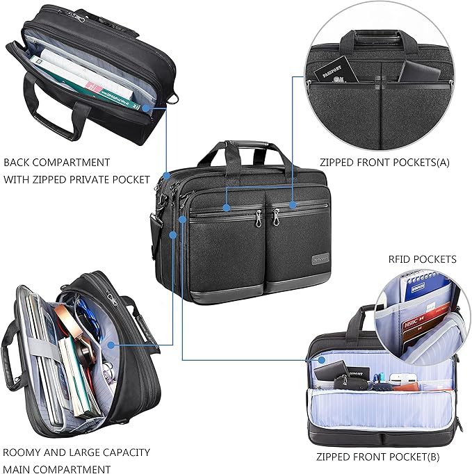 KROSER Laptop Bag Stylish Laptop Briefcase Fits Up to 17.3 Inch Expandable Water-Repellent Shoulder Messenger Bag Computer Bag with RFID Pockets for Business/Travel/School/College/Men/Women-Black