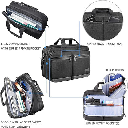 KROSER Laptop Bag Stylish Laptop Briefcase Fits Up to 17.3 Inch Expandable Water-Repellent Shoulder Messenger Bag Computer Bag with RFID Pockets for Business/Travel/School/College/Men/Women-Black