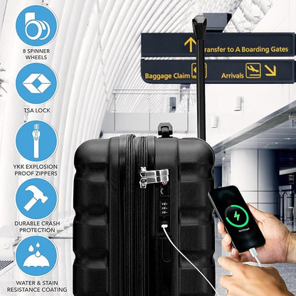 Flight Knight Carry On Suitcase Hardside Built In TSA Lock & USB Port Silent Double Spinner Wheels Maximum Overhead Carry-On Bag For Virgin & South West Approved Airlines( 24x16x10" ,Black )